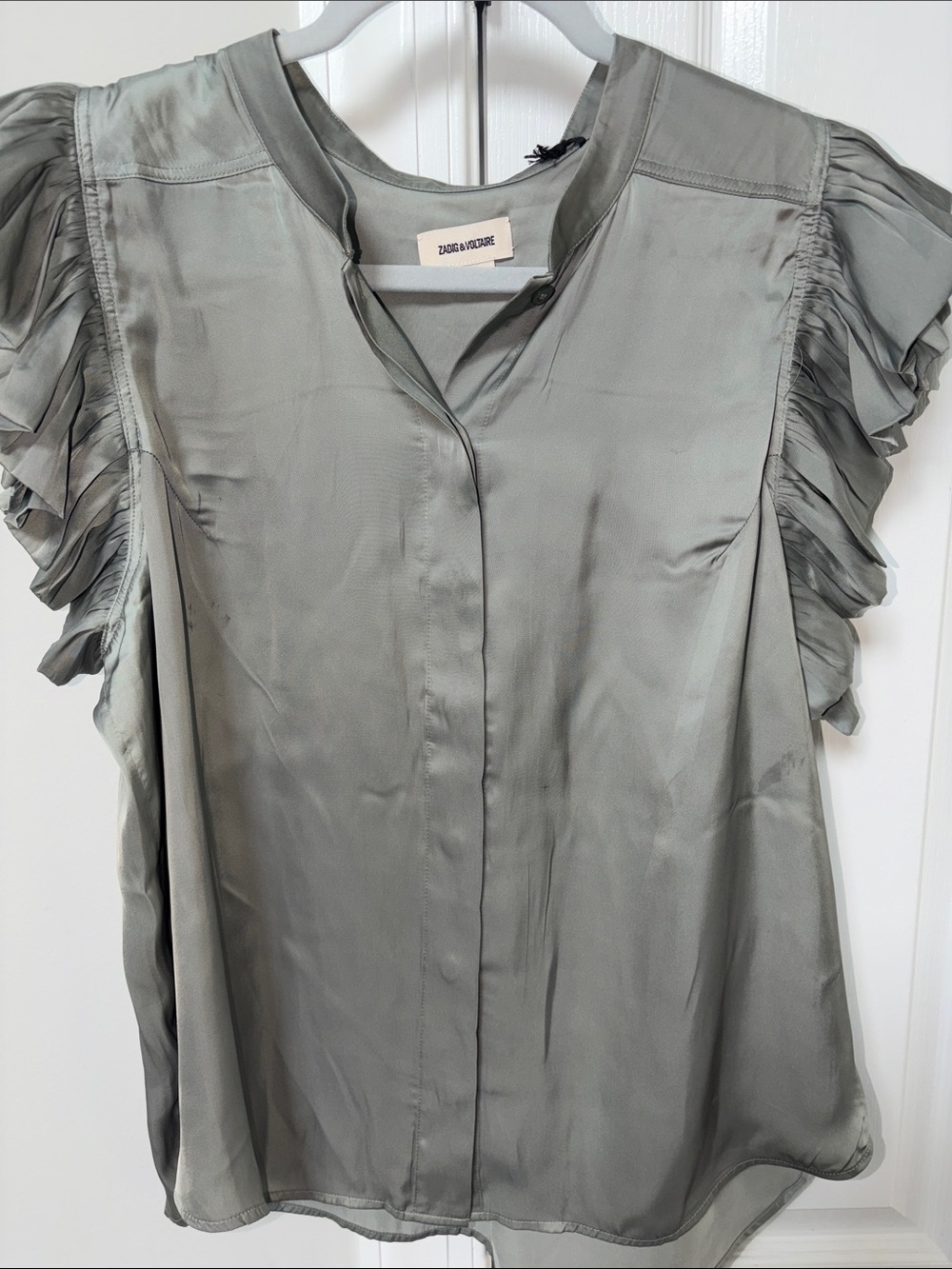 Zadig & Voltaire Tiza Satin Treillis Ruffle Sleeve Blouse (Call outs)